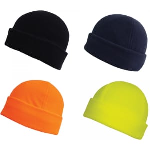 Four polar fleece beanies in black, navy, orange, and fluorescent yellow, each featuring a cuffed design.