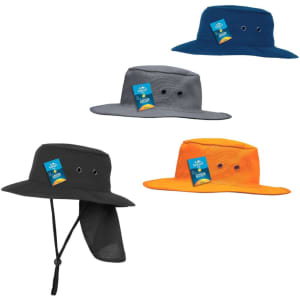 Four Sunmaster Hats in various colours: navy, grey, black, and orange, each with a logo.