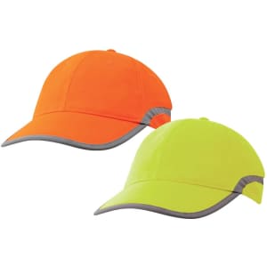 A pair of high-visibility caps in orange and yellow with reflective accents, featuring a logo on each.
