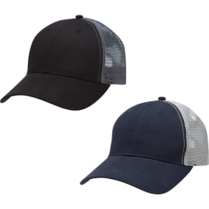 A black and navy mesh trucker cap with a logo on the front and a grey mesh back.