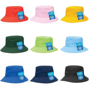 A variety of kids' bucket hats in red, pink, yellow, green, blue, dark blue, black, and green, each with a label.