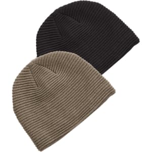 A Ruga Knit Beanie set in black and khaki, featuring a ribbed texture and a small logo on each.