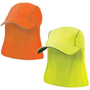 A promotional cap in orange and yellow with a neck flap, featuring a logo on the front.