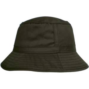 An olive green oilskin bucket hat with a wide brim and textured detailing. It features a branding logo.