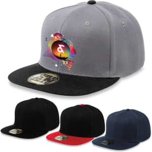 A grey snapback cap with a multicoloured design on the front, alongside black, red, and navy variants.