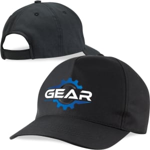 A black 5 panel cap with a logo featuring a gear design and an adjustable back strap.