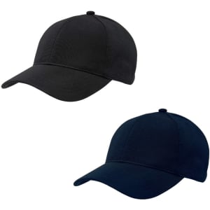 A pair of Ottoman caps in black and navy blue, featuring a rounded crown and a curved brim. One cap has a branding logo.