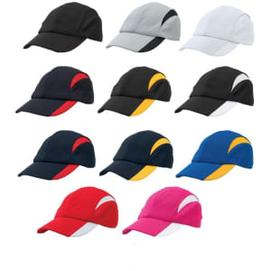 A range of caps in various colours including black, red, blue, and pink, featuring a logo on each.