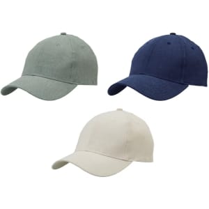 Three caps in green, navy blue, and cream colours, featuring a logo or branding on them.