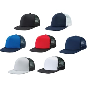 A collection of seven trucker caps in black, navy, blue, red, grey, and white, featuring mesh panels and flat peaks.