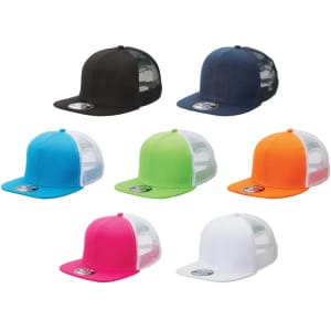 A selection of Premium American Twill Snapback caps in black, navy, blue, green, pink, orange, and white with mesh backs.