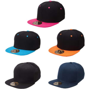 A collection of five snapback caps featuring black bodies with contrasting brims in pink, blue, orange, and navy. Each has a logo.