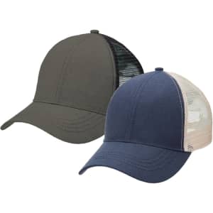 Two trucker caps in olive green and navy blue with mesh side panels and curved brims. Each cap has a logo.