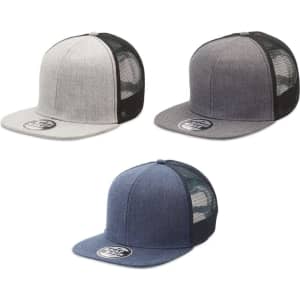 Three trucker caps in heathered grey, dark grey, and navy, each featuring a black mesh back and a logo.