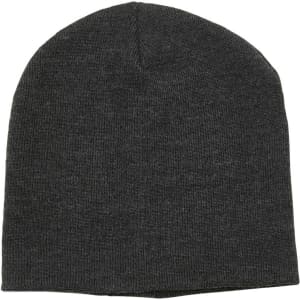 A grey beanie hat with a knitted texture, featuring a small logo on the side.