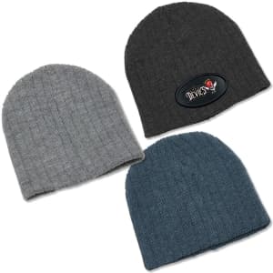 Three knitted beanies in grey, dark grey, and teal, featuring a logo on one beanie.