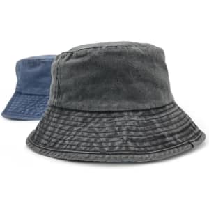 A pair of washed chino bucket hats in dark grey and navy blue, featuring a branding logo.