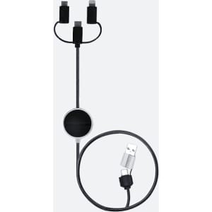 A 5-in-1 LED charging cable in black and silver with multiple connectors for various devices.