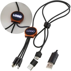 A 5 in 1 LED charging cable in black, featuring a logo and multiple connector types.