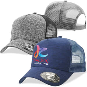 A trio of trucker caps in grey, charcoal, and navy blue, each featuring a logo on the front.
