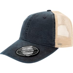 A vintage snap back cap featuring a dark blue fabric and a beige mesh panel, complete with a logo on the front.