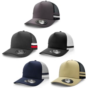 A collection of striped trucker caps in black, grey, navy, and khaki, featuring a logo on the front.