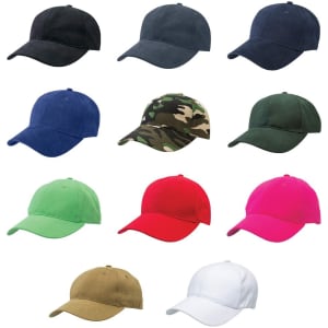 A collection of premium soft cotton caps in various colours: navy, royal blue, camouflage, green, red, pink, khaki, and white.