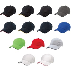 A collection of caps in various colours including black, grey, blue, green, red, and white, featuring a logo.