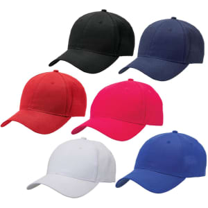 A collection of six caps in black, navy, red, pink, white, and blue, each featuring a logo.