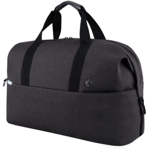 A black duffle bag with dual top handles and a front pocket, featuring a logo. Perfect for travel or daily use.