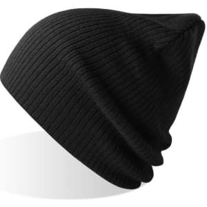 A black ribbed beanie with a relaxed fit, featuring a logo on the side.