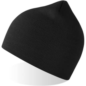 A black beanie featuring a snug, ribbed design and a pointed top. It has a logo on it.
