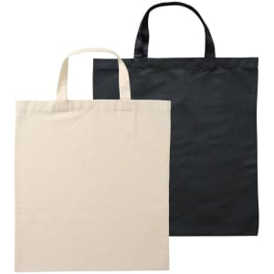 A reusable grocery bag set featuring a natural beige bag and a black bag, both with short handles.