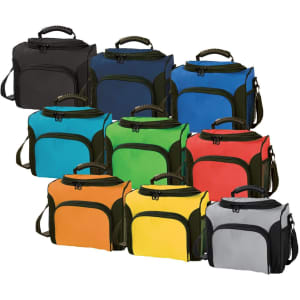 A collection of cooler bags in black, blue, green, red, orange, yellow, and grey, featuring handles and zippers.