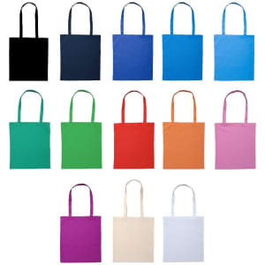A collection of tote bags in various colours, featuring long handles and an assortment of vibrant shades. Each bag has a logo.
