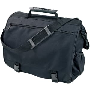 A black laptop briefcase with a shoulder strap, top handle, front zip pocket, and side compartments. It has a logo.
