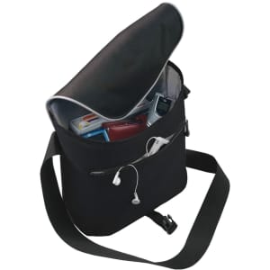 A black satchel with an open flap, revealing various items inside and a visible earphone cable.