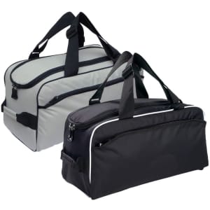 A black and grey cooler duffle bag set with multiple compartments and sturdy handles. Each bag has a logo.