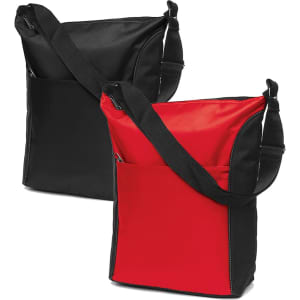 A cooler bag in black and red, featuring a shoulder strap and an exterior pocket. The bag also includes a logo.