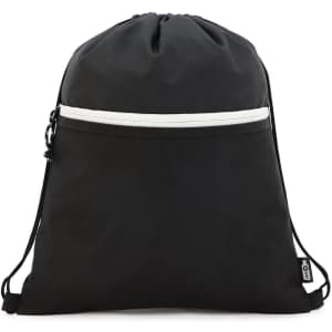 A black drawstring backpack featuring a mesh panel and a front zip pocket. It has a logo on the side.