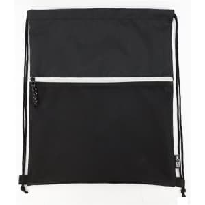 A black recycled drawstring bag with a zippered front pocket and mesh panel. It features a branding logo.