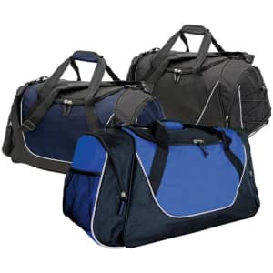 A trio of duffle bags in black, navy blue, and dark grey, featuring handles and zippers. Each bag has a logo.