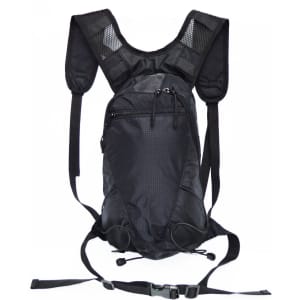 A black hydration backpack with adjustable straps and a front pocket, featuring a logo.