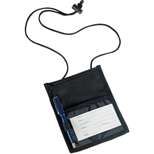 A black neck wallet with a pen, clear pocket, and adjustable strap. Features a zip closure and an attached clip.