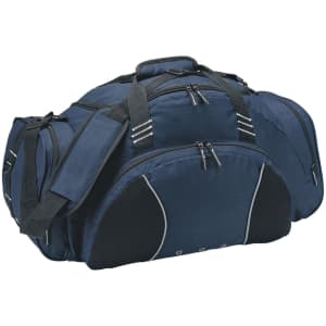 A dark blue travel sports bag with multiple compartments and a shoulder strap, featuring a logo on the side.