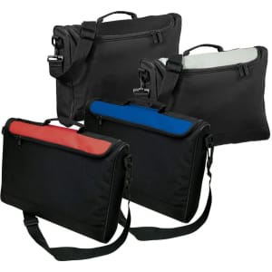 A set of seminar bags in black with red and blue accents, featuring adjustable straps and zippered closures.
