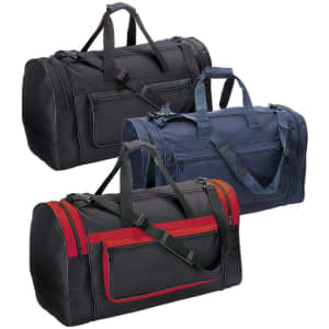 Three duffle bags in black, navy, and black with red accents, featuring handles and shoulder straps. Each bag has a logo.