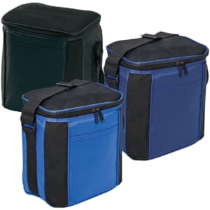 Three cooler bags in black and blue, with zippered closures and adjustable straps. Each has a front pocket and a textured surface.