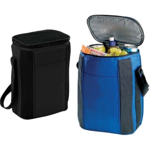 A drink bottle cooler bag in black and blue, featuring an open top with various beverages inside. It has a logo.