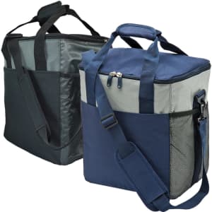 A large cooler bag in navy and grey, with two handles and a removable shoulder strap. It features a mesh pocket.